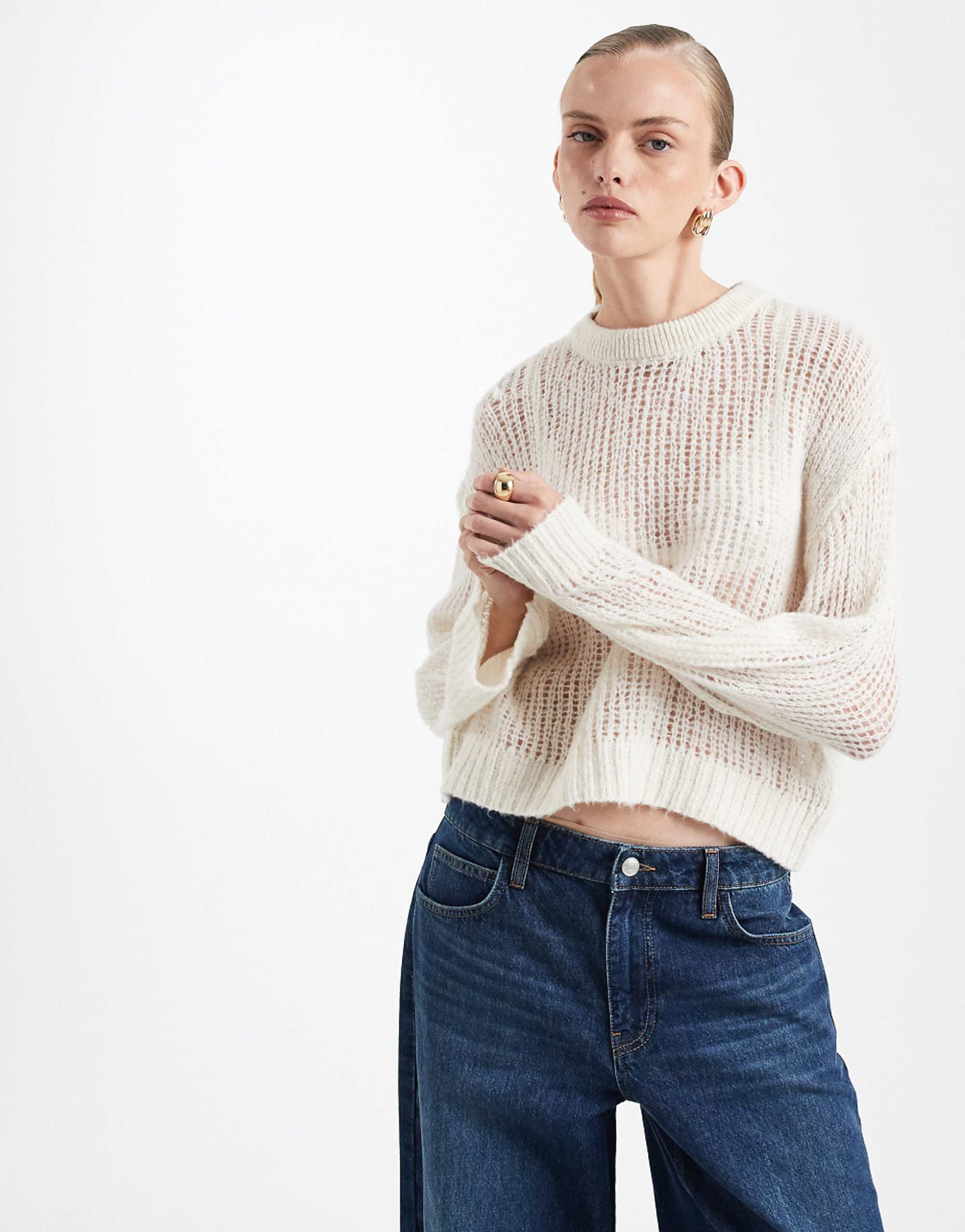 Asos Design Knitted Open Stitch Jumper in Ecru
