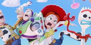 Toy Story 4 first trailer characters flailing in the sky with Forky