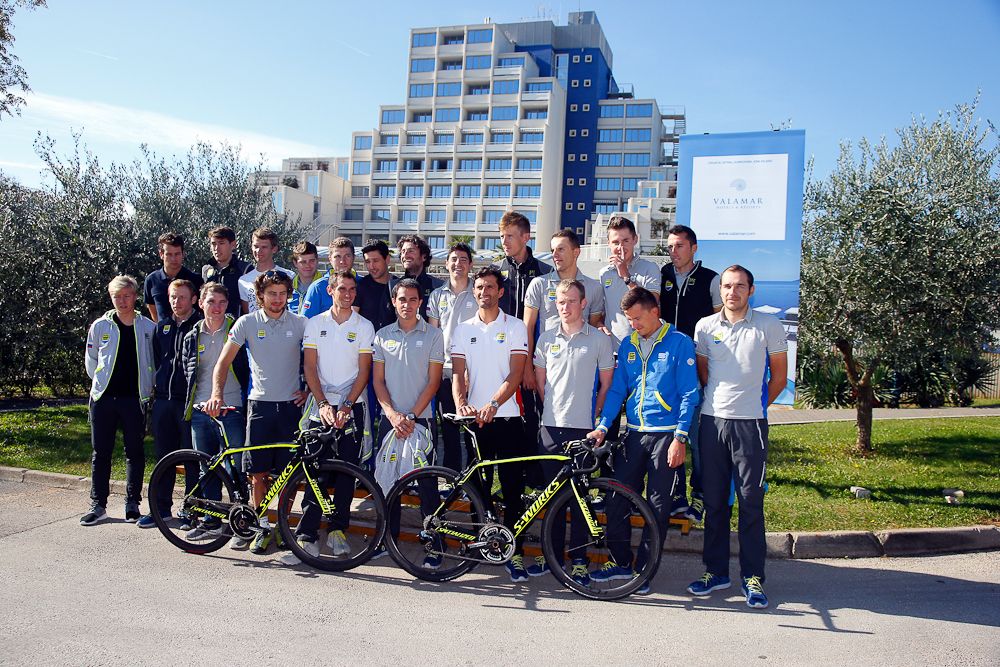 Tinkoff-Saxo riders and staff pose for a photo in Poreč, Croatia.