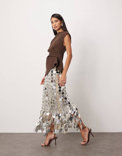 Arrange Sequin Fringe Hem Midi Skirt