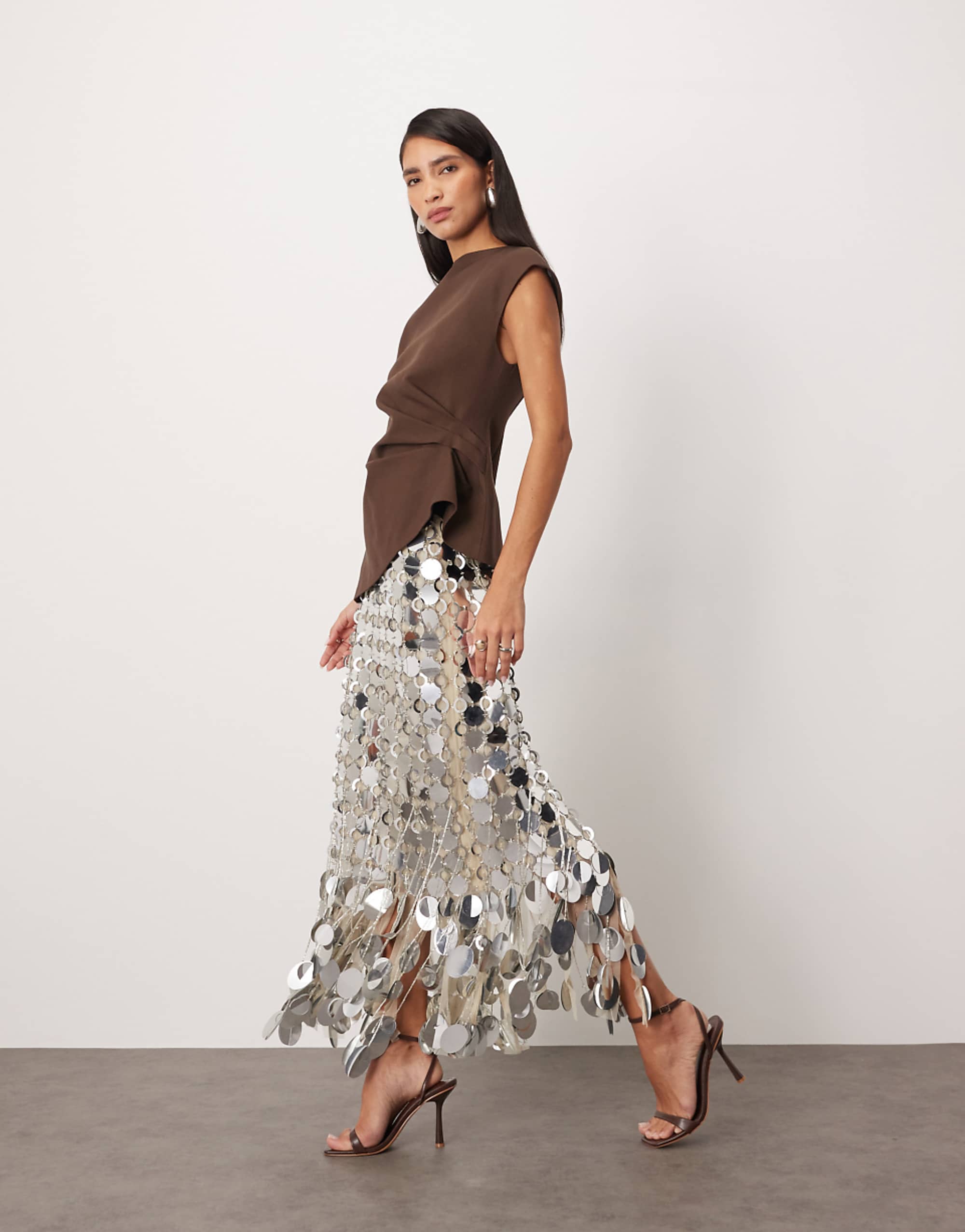 Arrange Sequin Fringe Hem Midi Skirt