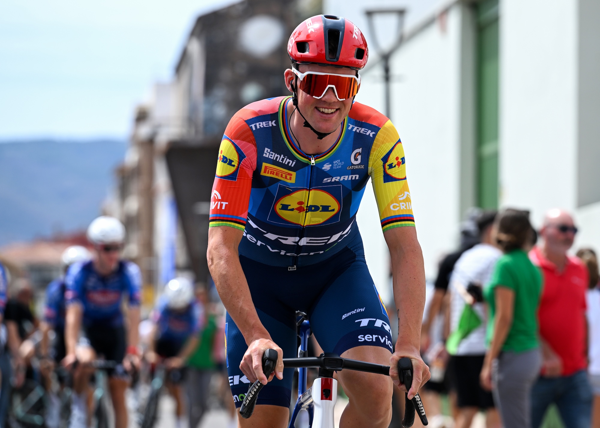 VALL D'ALBA, SPAIN - AUGUST 28: Mads Pedersen of Denmark and Team Lidl - Trek prior to the La Vuelta - 81st Tour of Spain 2026, Stage 7 a 149.48m stage from Vall d'Alba to Aramon Valdelinares 1965m / #UCIWT / on August 28, 2026 in Vall d'Alba, Spain. (Photo by Tim de Waele/Getty Images)