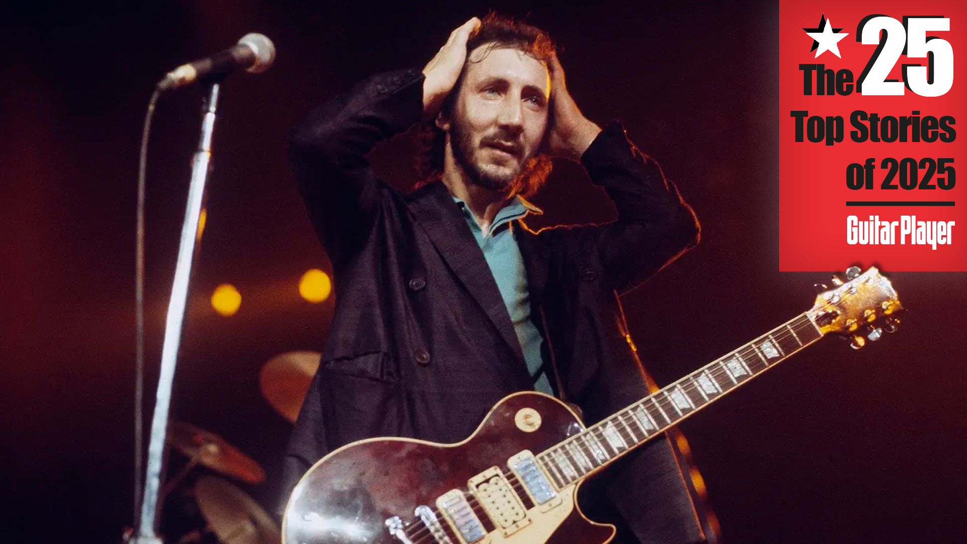 Pete Townshend of The Who performs live on stage at the Capitol Theater, Passaic, New Jersey on 10th September 1979. Townshend plays his Wine Red Gibson Les Paul Deluxe guitar number 1.  