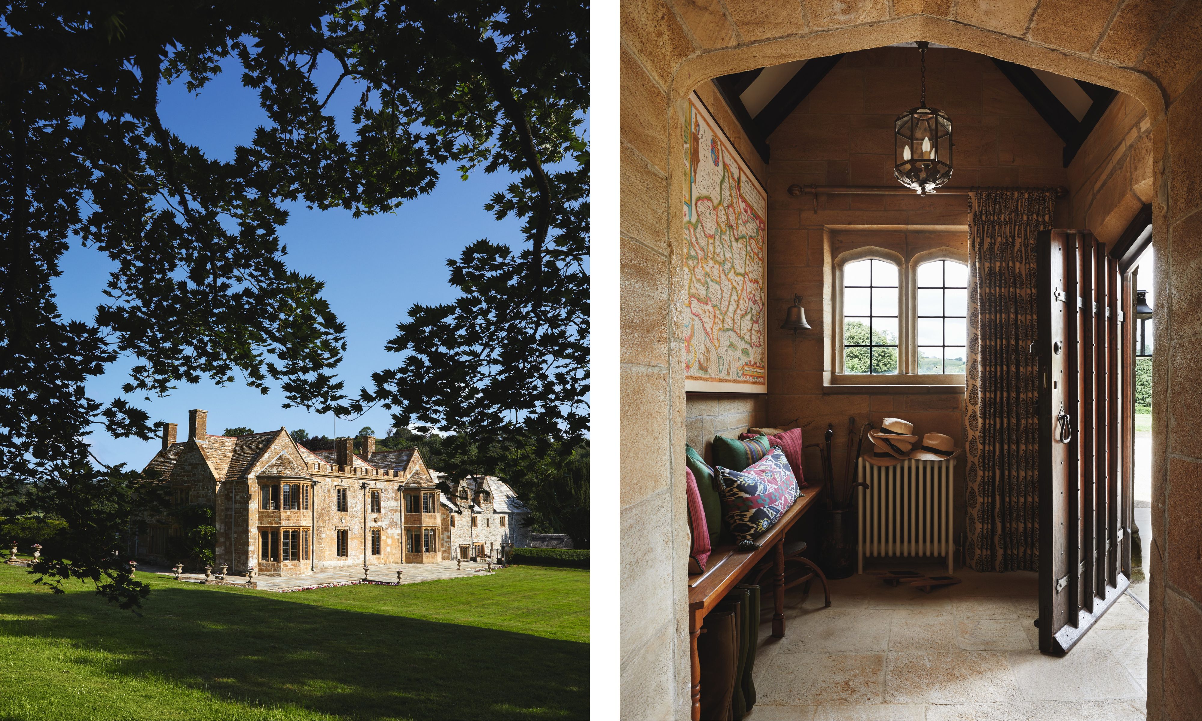 exterior of a Jacobean country home in Devon renovated by VSP interiors with a large stone entryway with a small bench, radiator, and printed curtain