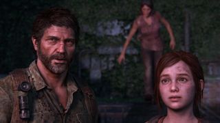 Joel and Ellie look towards the camera as Tess walks in the background