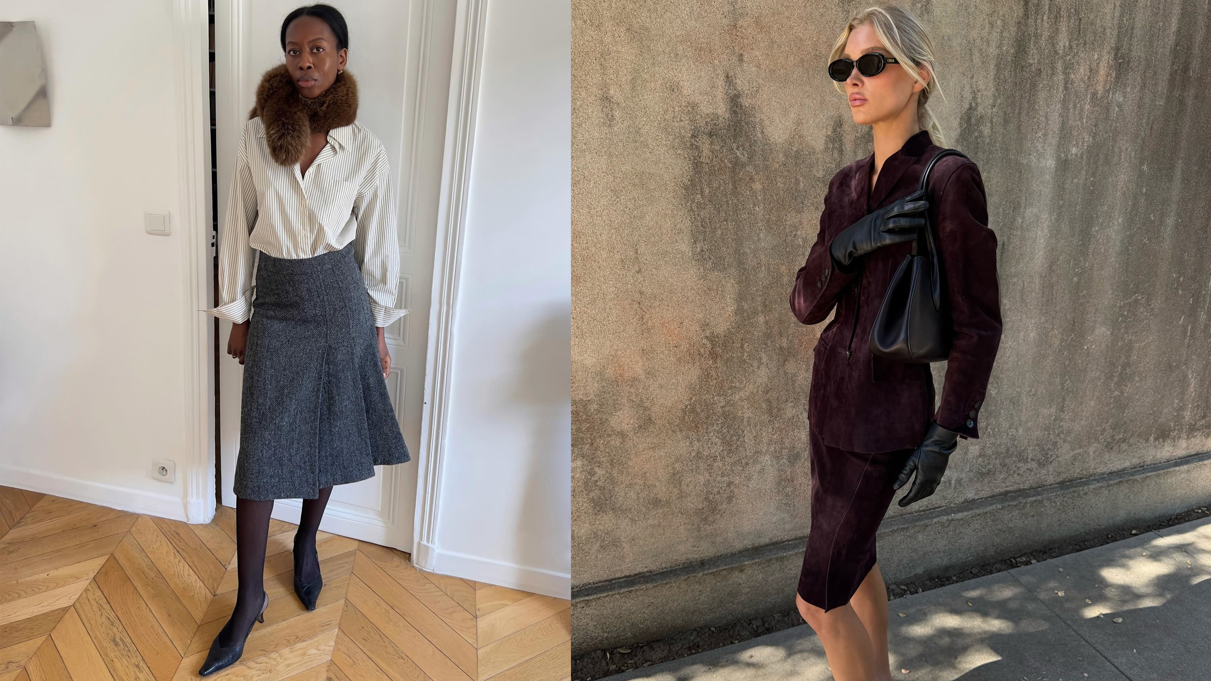 Sylvie Mus and Elsa Hosk wearing skirt outfit ideas for 2026.