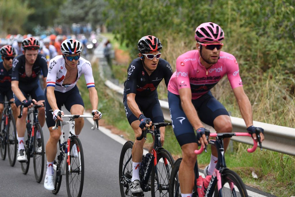 ETNALINGUAGLOSSA ITALY OCTOBER 05 Filippo Ganna of Italy and Team INEOS Grenadiers Pink Leader Jersey Geraint Thomas of The United Kingdom and Team INEOS Grenadiers Ben Swift of The United Kingdom and Team INEOS Grenadiers during the 103rd Giro dItalia 2020 Stage Three a 150km stage from Enna to Etna Linguaglossa Piano Provenzana 1793m girodiitalia Giro on October 05 2020 in Linguaglossa Italy Photo by Tim de WaeleGetty Images