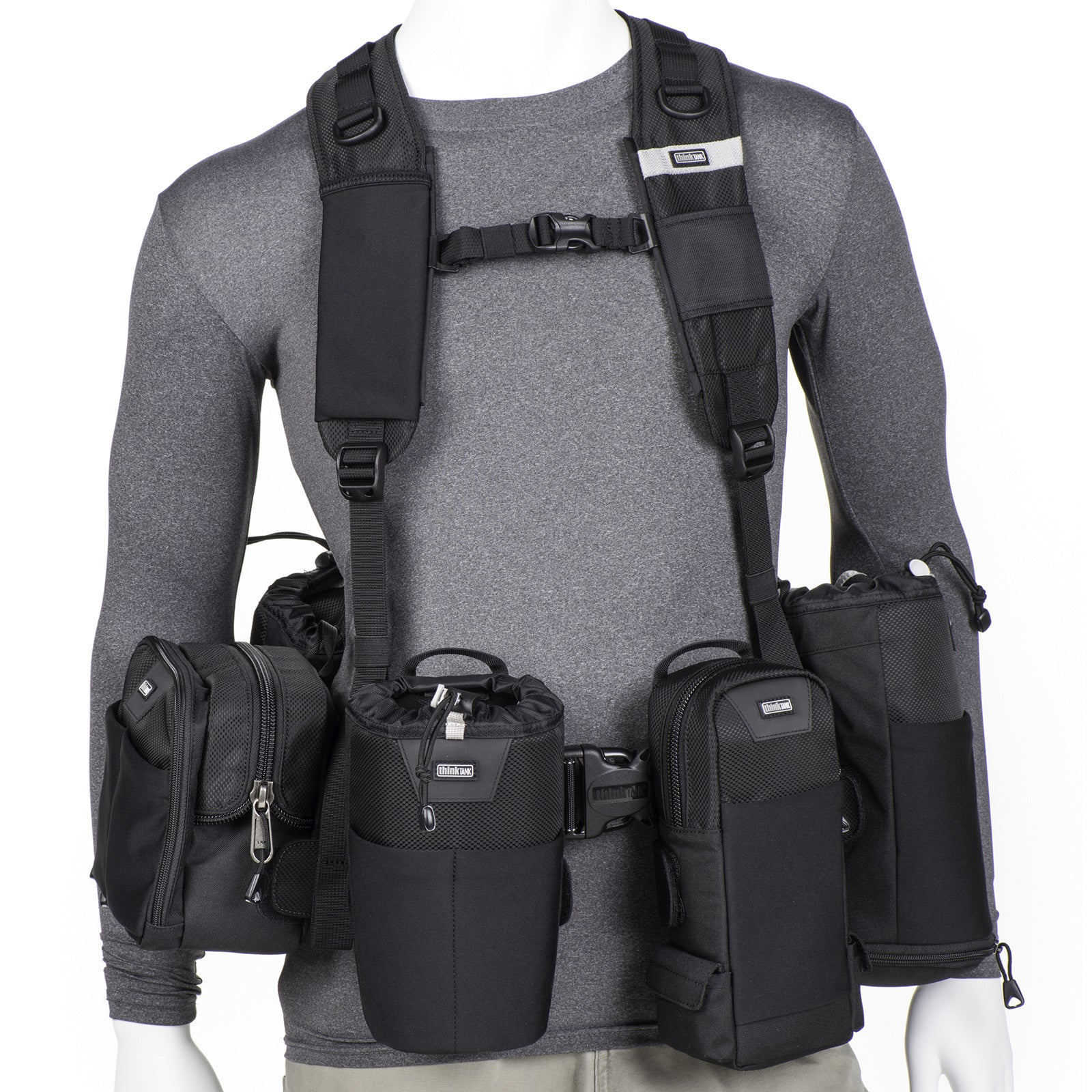 Think Tank Pixel Racing Harness V3.0, belt and pouches worn by a mannequin