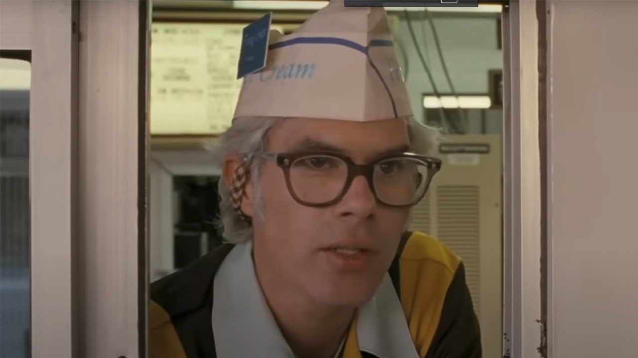 Jim Jarmusch in glasses and a paper hat in Sling Blade