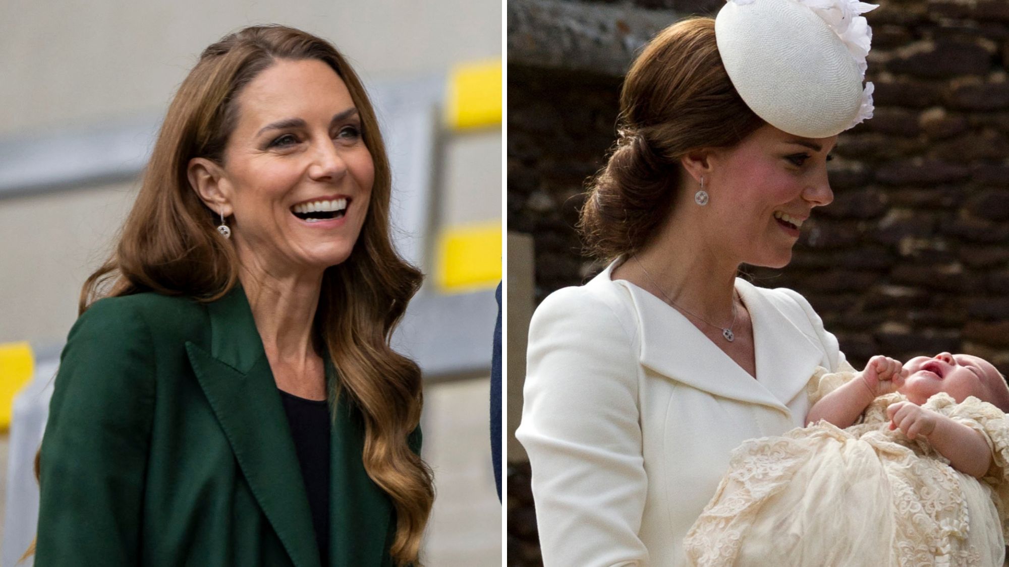 A composite of a picture of Kate Middleton wearing Empress earrings in September 2026 and a picture of her wearing them at Princess Charlotte's christening in 2015