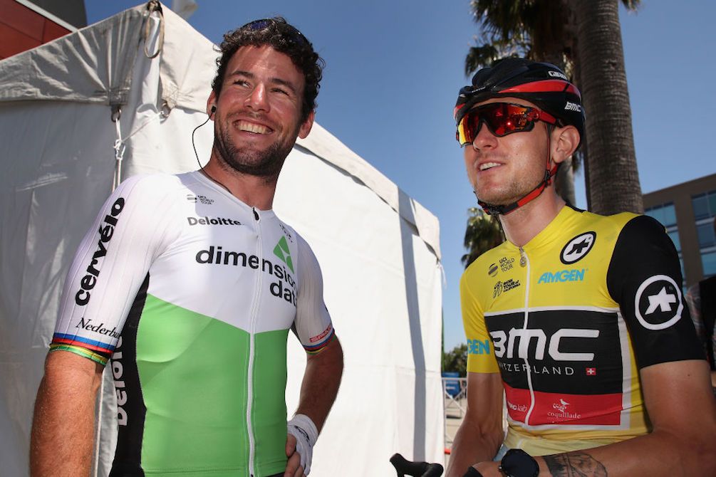 Dimension Data's Mark Cavendish and race leader Tejay van Garderen share a joke ahead of stage 5 of the 2018 Tour of California
