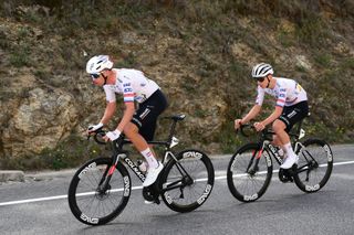 VALLTER 2000 SETCASES VALL DE CAMPOPRODON SPAIN MARCH 19 LR Domen Novak of Slovenia and Tadej Pogacar of Slovenia and UAE Emirates Team compete in the chase group during the 103rd Volta Ciclista a Catalunya 2024 Stage 2 a 1865km stage from Mataro to Vallter 2000 Setcases Vall de Campoprodon 2146m UCIWT on March 19 2024 in Setcases Vall de Campoprodon Spain Photo by David RamosGetty Images
