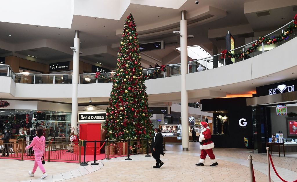 Shopping mall decorated for the holidays.