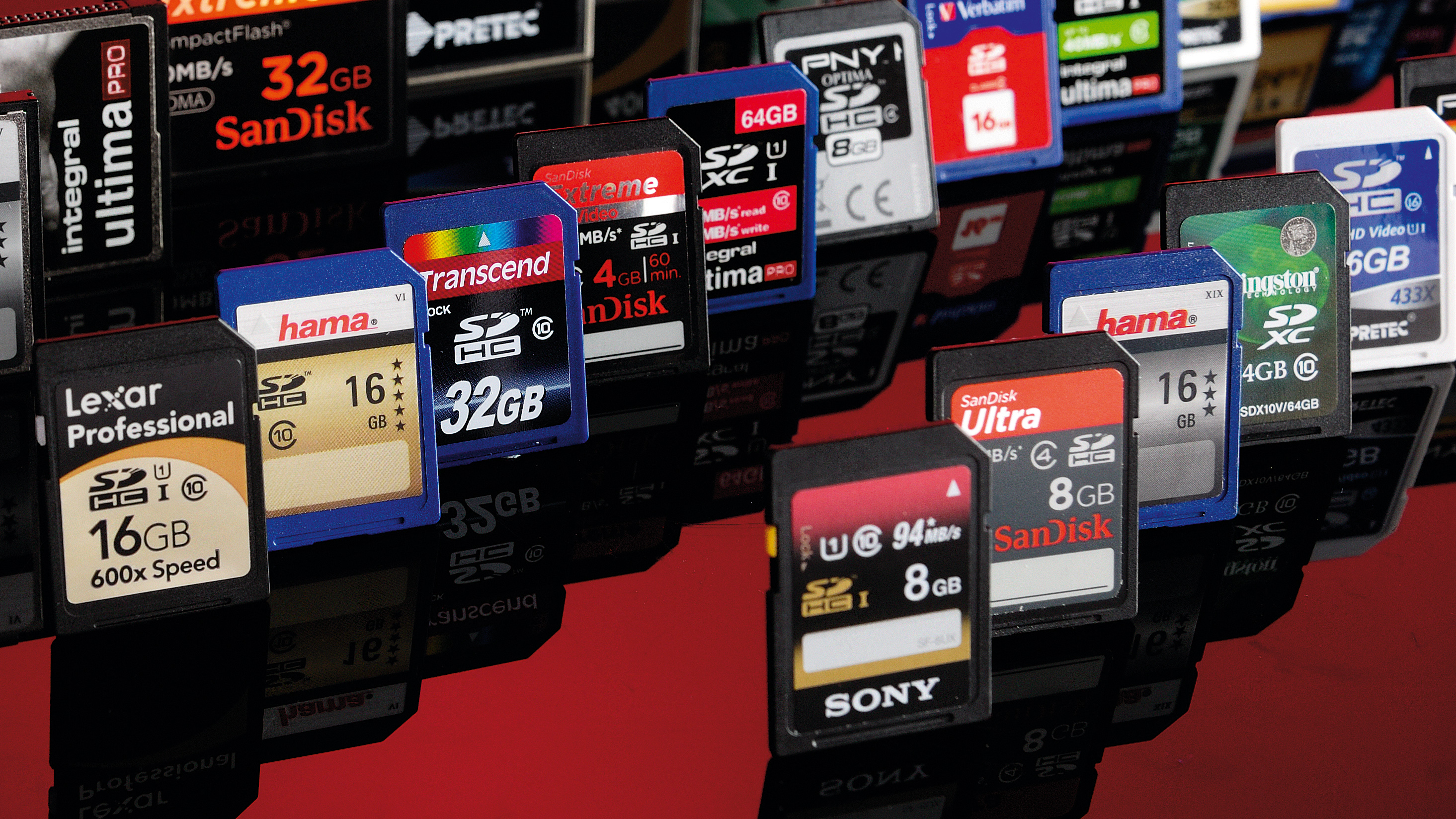 Rows of SD and CF memory cards