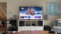 A photograph of a TV set-up in a living room
