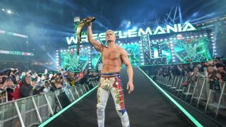 Cody Rhodes celebrates after winning the WWE Championship during Night Two of WrestleMania 40