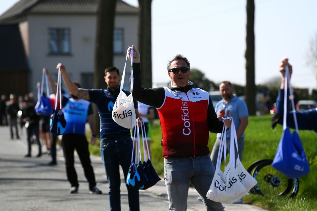 HARELBEKE BELGIUM MARCH 25 Detail view of a Team Cofidis Soigneur at the feed zone during the 65th E3 Saxo Bank Classic 2022 a 2039km one day race from Harelbeke to Harelbeke E3SaxobankClassic WorldTour on March 25 2022 in Harelbeke Belgium Photo by Tim de WaeleGetty Images