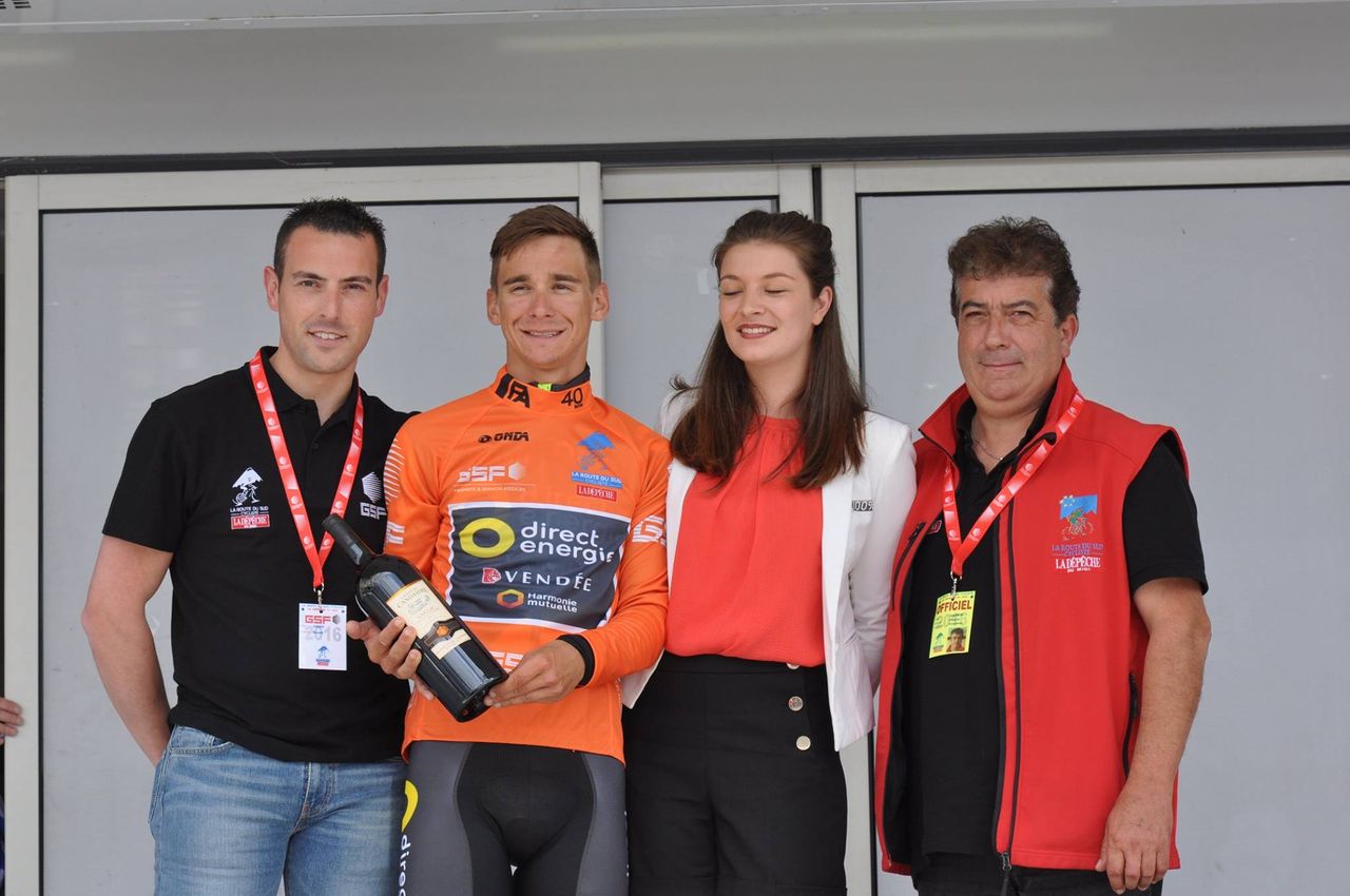 Race leader Bryan Coquard on the podium