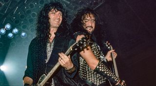 Kiss guitarist Bruce Kulick (left) and bassist Gene Simmons perform at Stabler Arena on October 1, 1992, in Bethlehem, Pennsylvania.