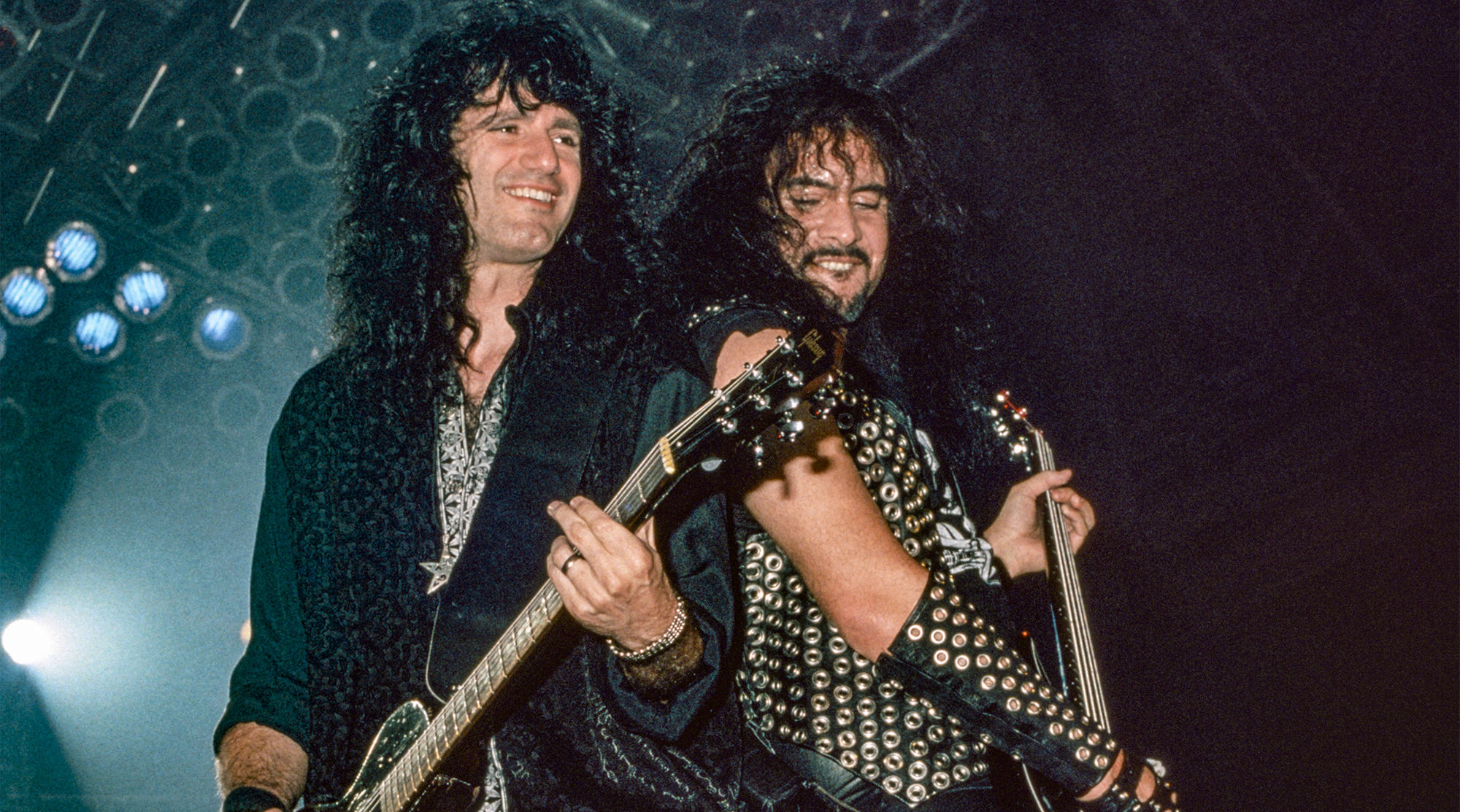 Kiss guitarist Bruce Kulick (left) and bassist Gene Simmons perform at Stabler Arena on October 1, 1992, in Bethlehem, Pennsylvania. 