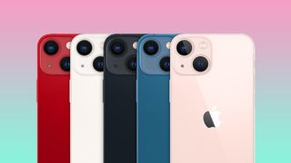 iphone 13 mini in five diferent colours against a gradient background