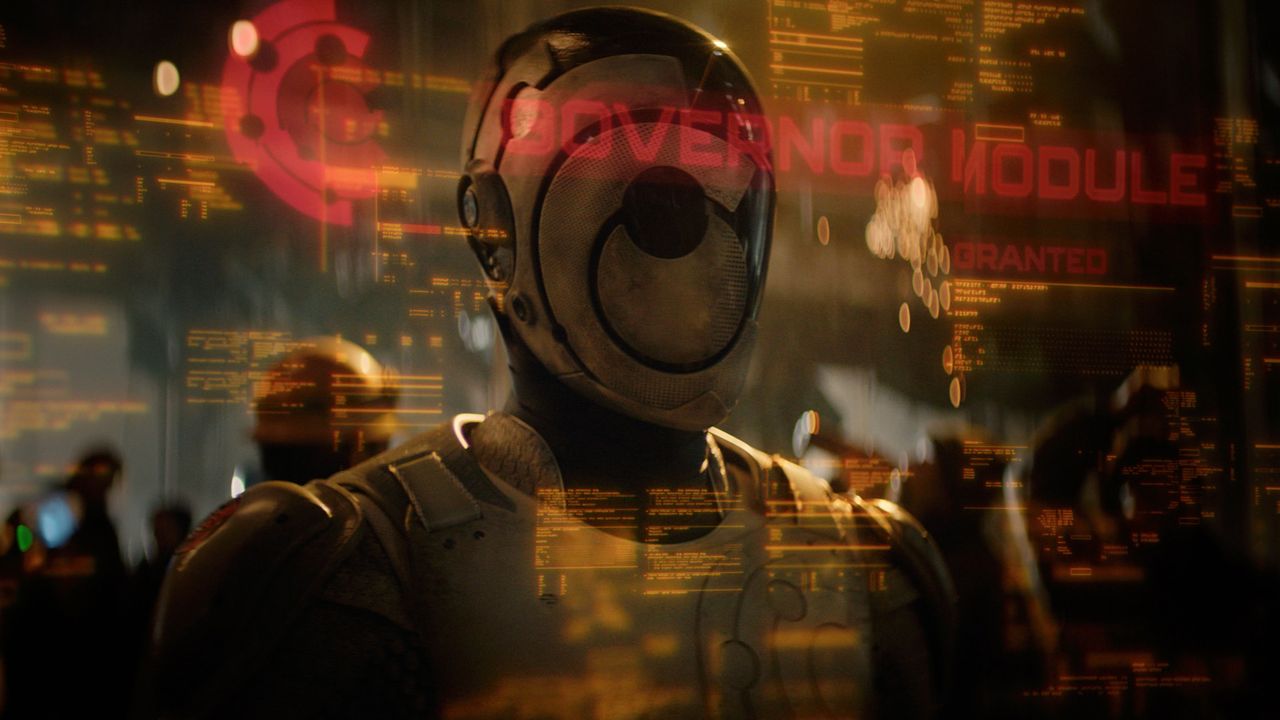 a masked android in a collage of AI program codes