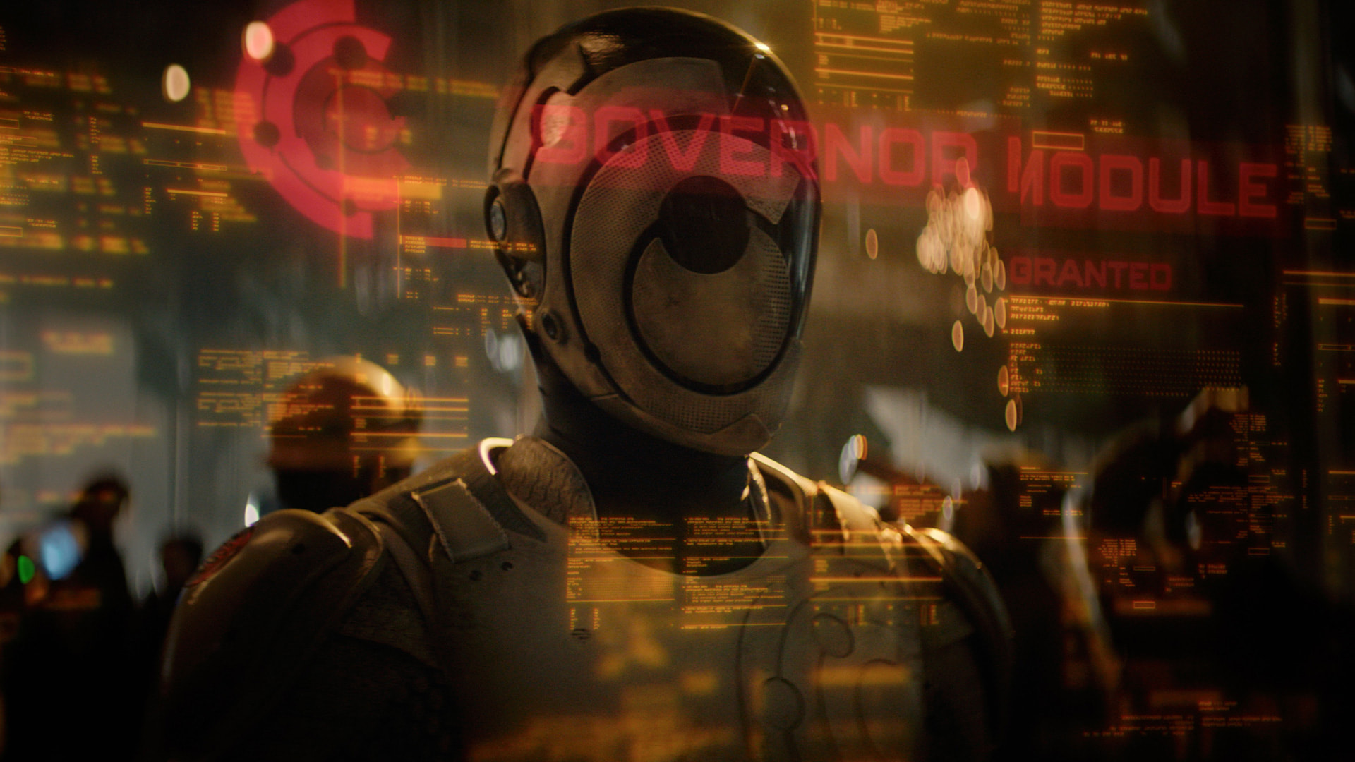 a masked android in a collage of AI program codes