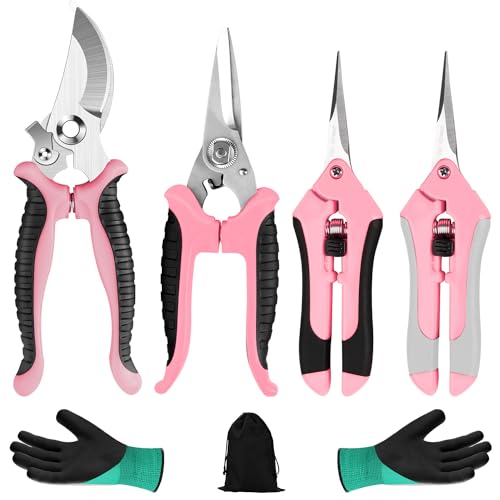 4 Packs Garden Pruning Shears Stainless Steel Blades Handheld Pruners Set With Gardening Gloves(pink)