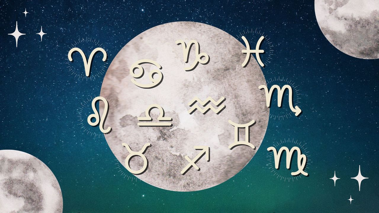 The zodiac signs and the full moon against a starry sky