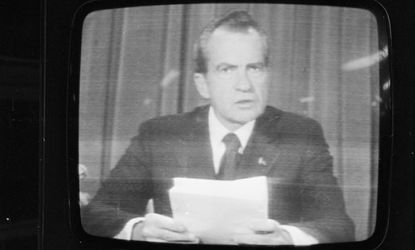 Nixon announces his resignation on national television on Aug. 8, 1974. 