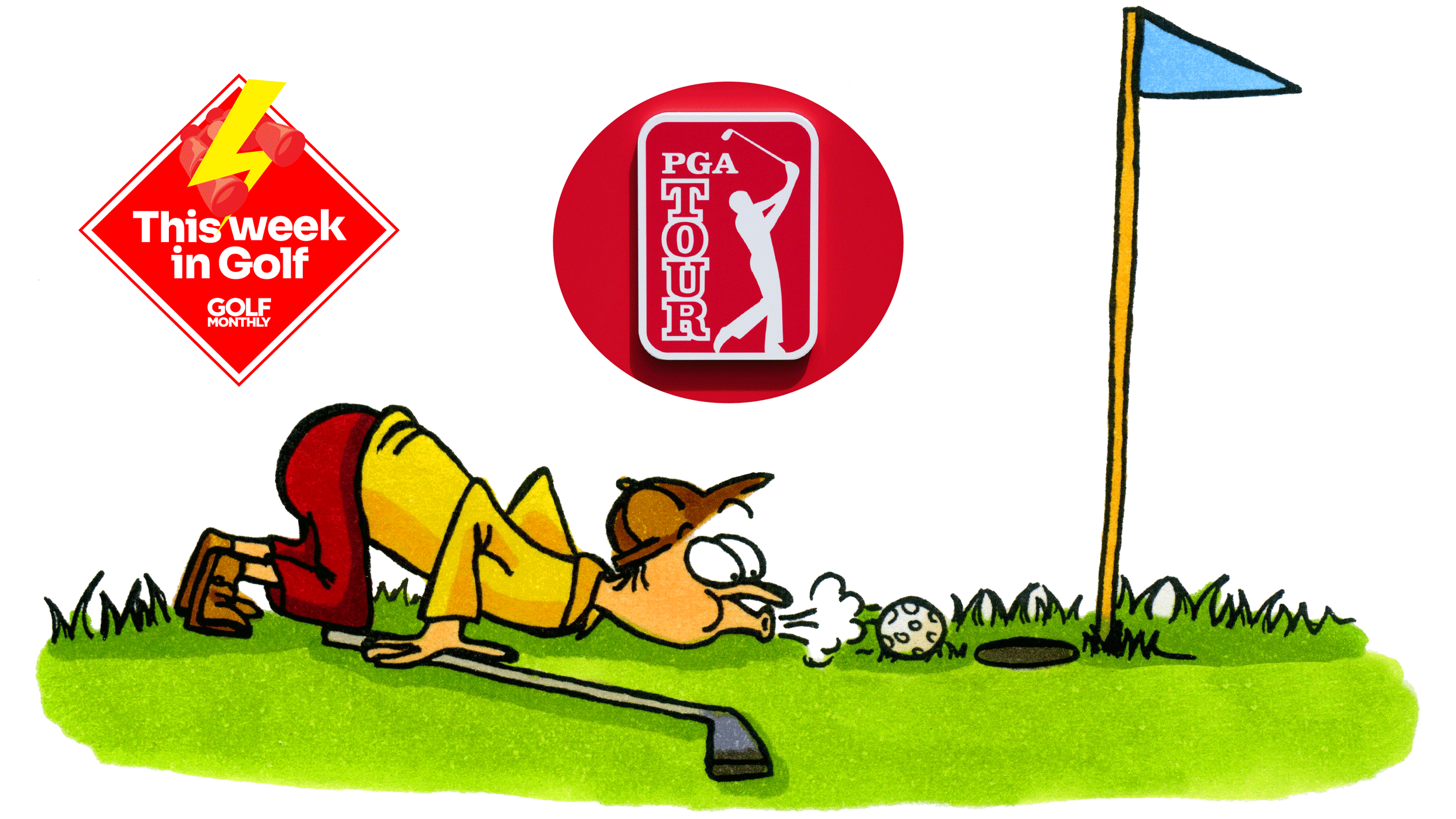 A cartoon image of a golfer blowing their ball into the hole with an inset image of the PGA Tour logo on a red background (top middle) and the This Week In Golf sticker (top left)