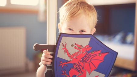 A young boy fiercely looking over the top of a toy shield whilst brandishing a toy sword