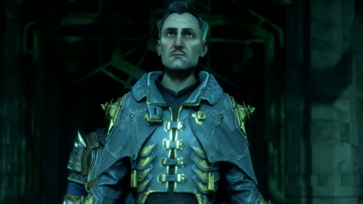 Dragon Age: The Veilguard - Emmrich looks serious in a dark, green tinted room