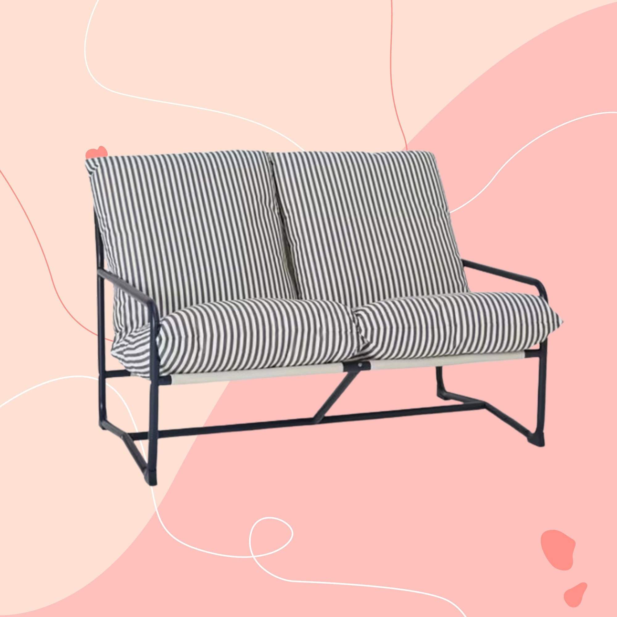 Navy striped Marcy outdoor sofa on pink garphic background