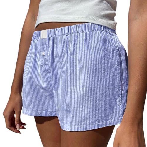 Peassa Women Striped Lounge Boxer Shorts Cute Summer Y2k Pajama Bottoms Sleep Shorts Blue 2xl