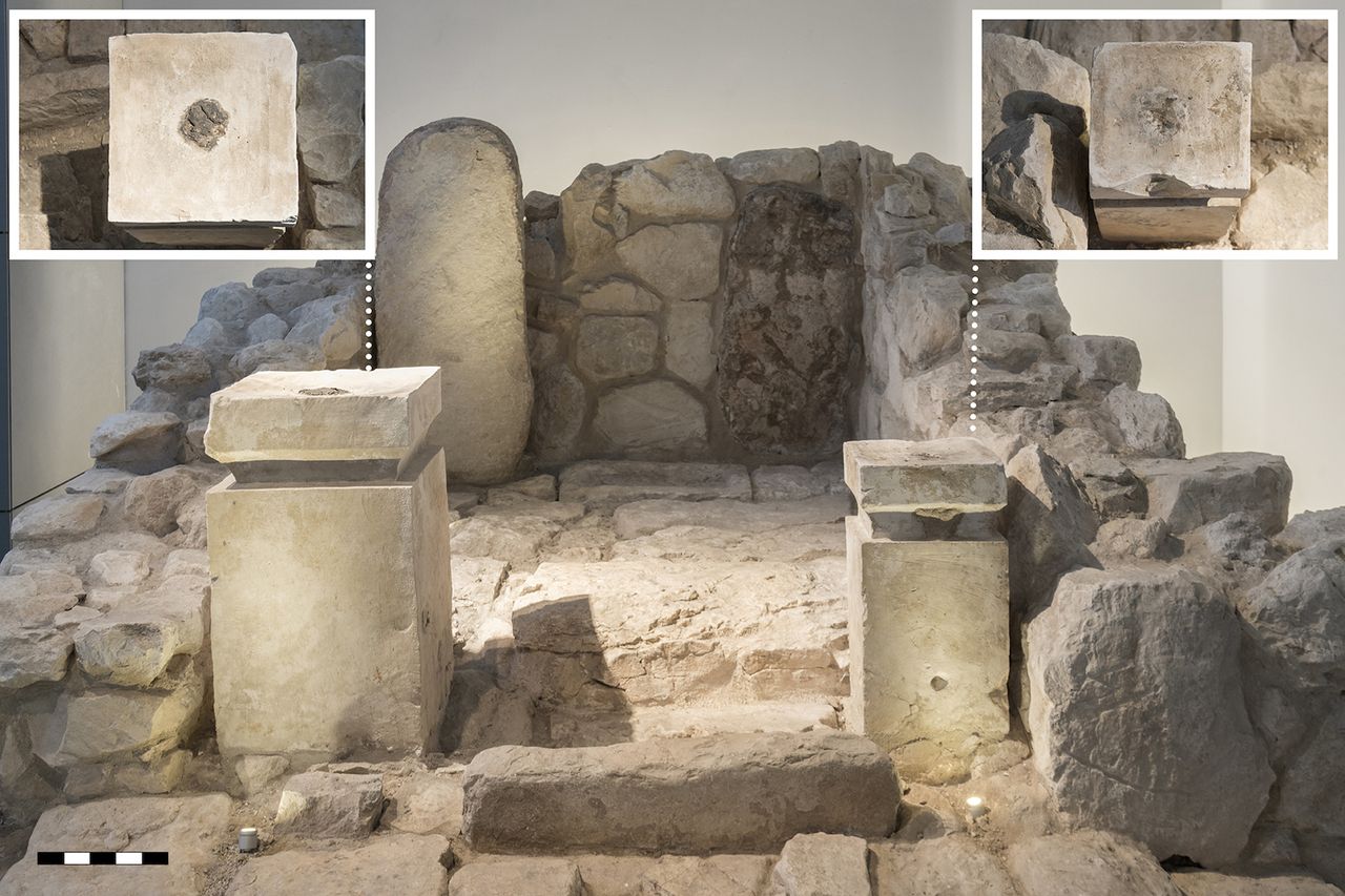 A view of the shrine, with a bird's-eye view of the depressions and burnt remnants on top of each altar.