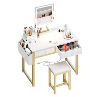 Lufeiya Small Makeup Vanity Desk With Fabric Drawers, 32 Inch White Vanity Desks With Mirror and Light, Dressing Table and Chair Set With Power Outlet for Girls Bedroom, White Gold