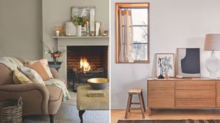 Two neutral living rooms with brown furniture choices to show how to use Pantone Colour of the Year 2025 in homes