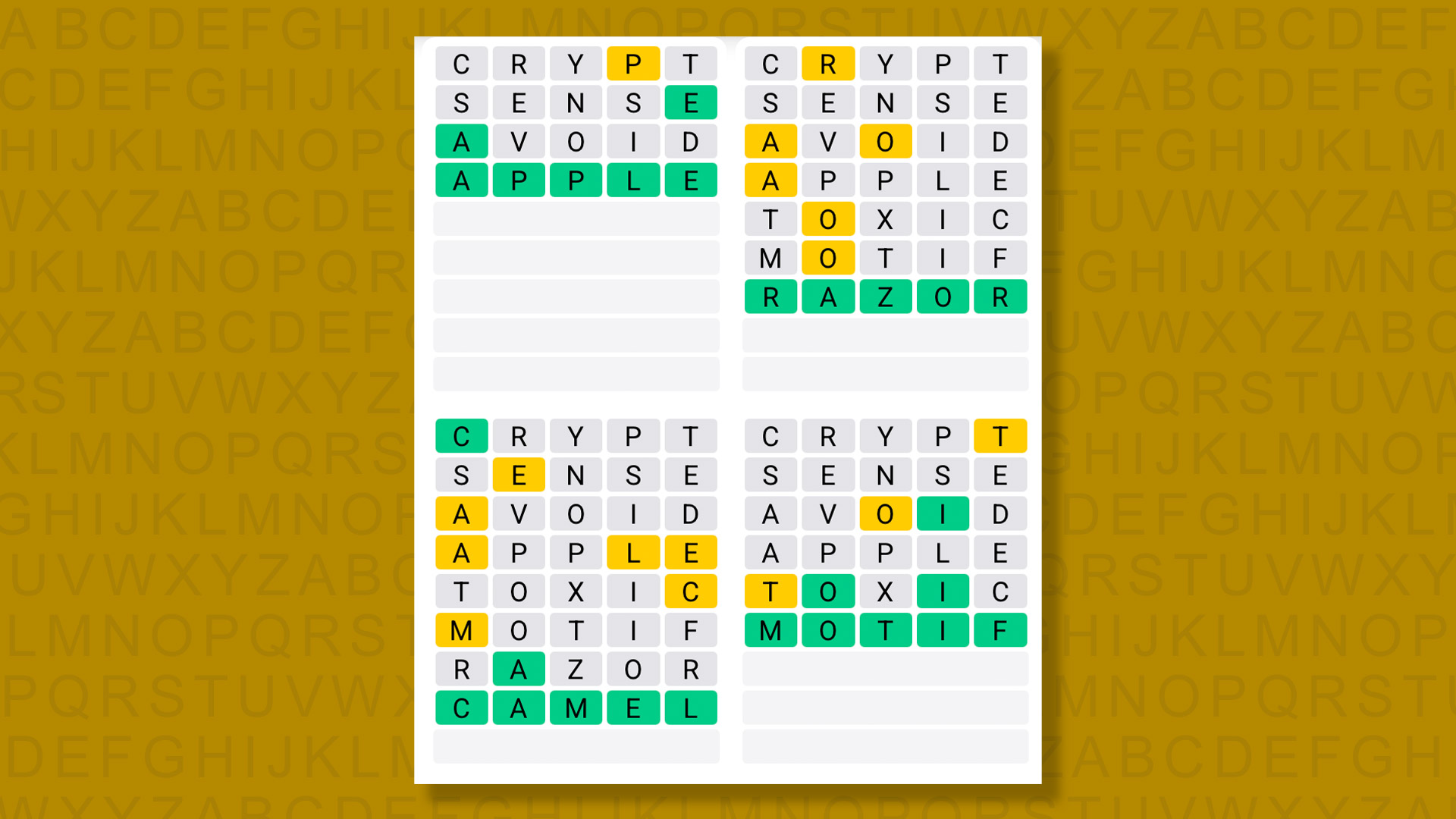 Quordle answers for game 1475 on a yellow background
