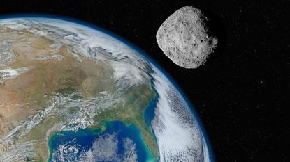 Grey asteroid approaches planet Earth