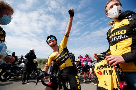 BERG NETHERLANDS APRIL 18 Arrival Marianne Vos of Netherlands and Jumbo Visma Team Celebration during the 7th Amstel Gold Race 2021 Womens Elite a 1163km race from Valkenburg to Berg en Terblijt Amstelgoldrace amstelgoldrace UCIWWT on April 18 2021 in Berg Netherlands Photo by Dion Kerckhofs PoolGetty Images