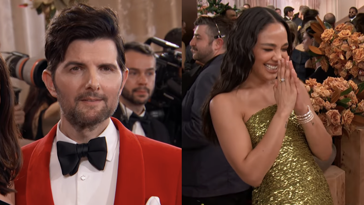 Side by side: Adam Scott in red tux, Tessa Thompson in gold dress on 2026 Golden Globes red carpet