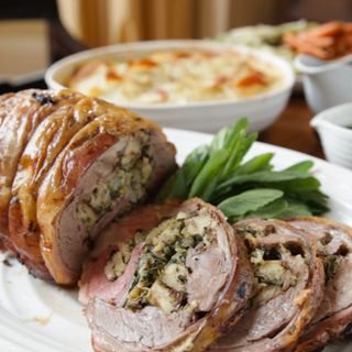 Lemon and Herb Stuffed Shoulder of Lamb with Mint Sauce and Lamb Jus recipe