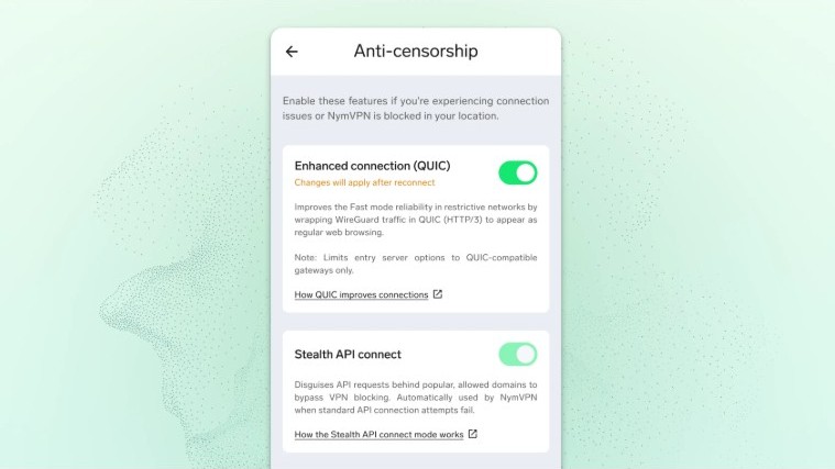A screenshot of the Anti-cenroship tab in the NymVPN app