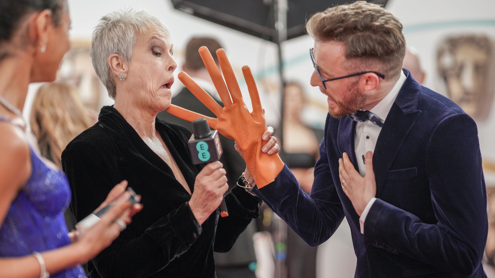 Jamie Lee Curtis and Ali Plumb attend the EE BAFTA Film Awards 2023 at The Royal Festival Hall on February 19, 2023 in London, England
