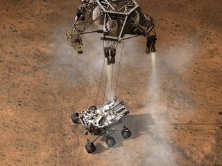 The Curiosity rover touches down on the Martian surface in this artist's rendition.
