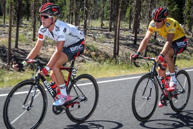 Jakub Novak (BMC) sits back on the best young rider wheel of teammate Taylor Eisenhart.