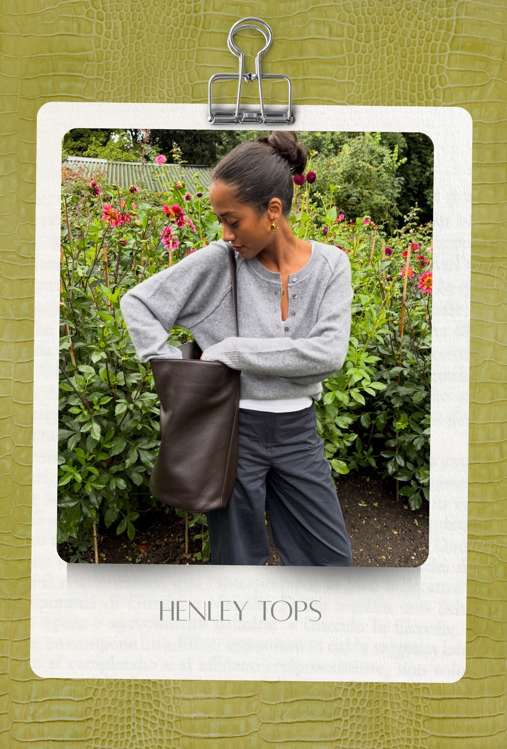 autumn 2026 cult buys: Trishna Goklani wears a grey Henley top, black trousers and a brown leather bucket bag