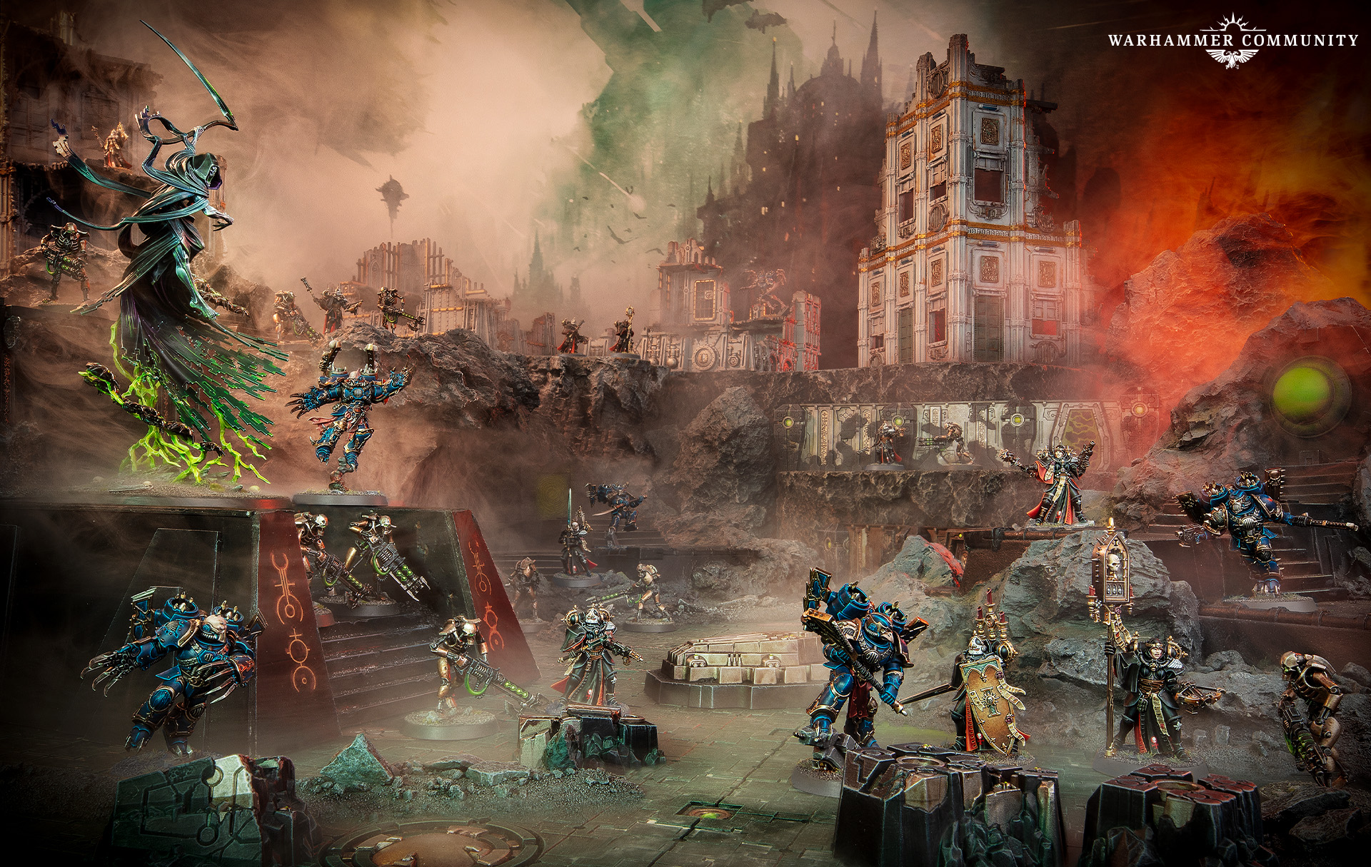 The new C&#039;tan miniature in the top left corner of the frame looks down across a battlefield on jetpack-wielding Space Marines, Necron warriors, and Adepta Sororitas knights