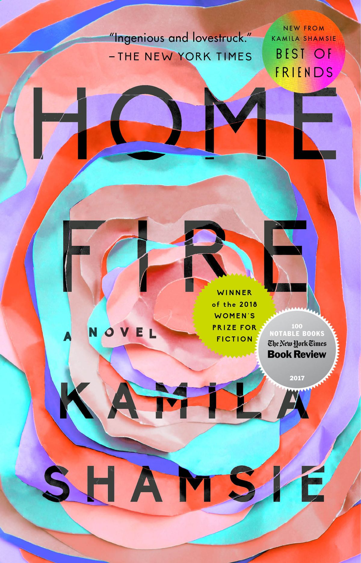 the cover of the book home fire by kamila shamsie featuring a rose made out of different colored construction paper